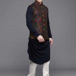 Men Navy Blue & White Self Design Pleated Kurta with Churidar & Nehru acket