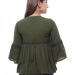 Casual Cutout Solid Women Green Top