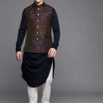 Men Navy Blue & White Self Design Pleated Kurta with Churidar & Nehru acket