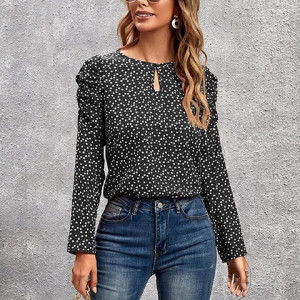 Women's Casual Floral dot Print Crochet Long Sleeve Blouses Summer Crew Neck Shirt Tunic Top