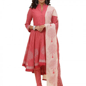 Solid Cotton Mandarin Womens Salwar Kurta Dupatta Set