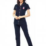 Women Striped Blue Shirt & Pyjama set